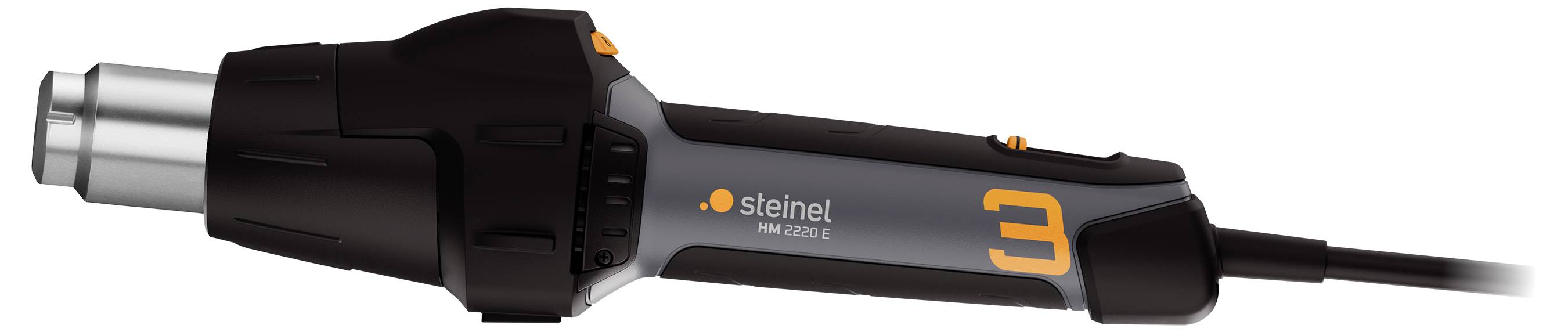 Varmluftpistol med svart handtag, metallutlopp och orange nummer '3' på sidan.