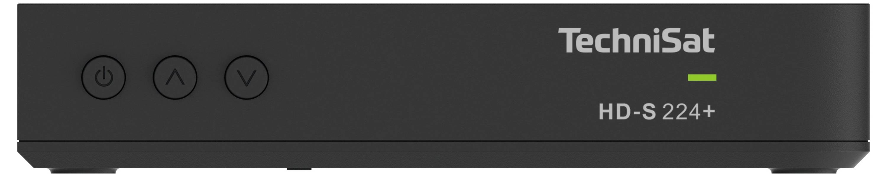 Svart TechniSat HD-S 224+ mottagare med ström-, uppåt- och nedåtknapp på vänster sida och LED-indikator till höger.