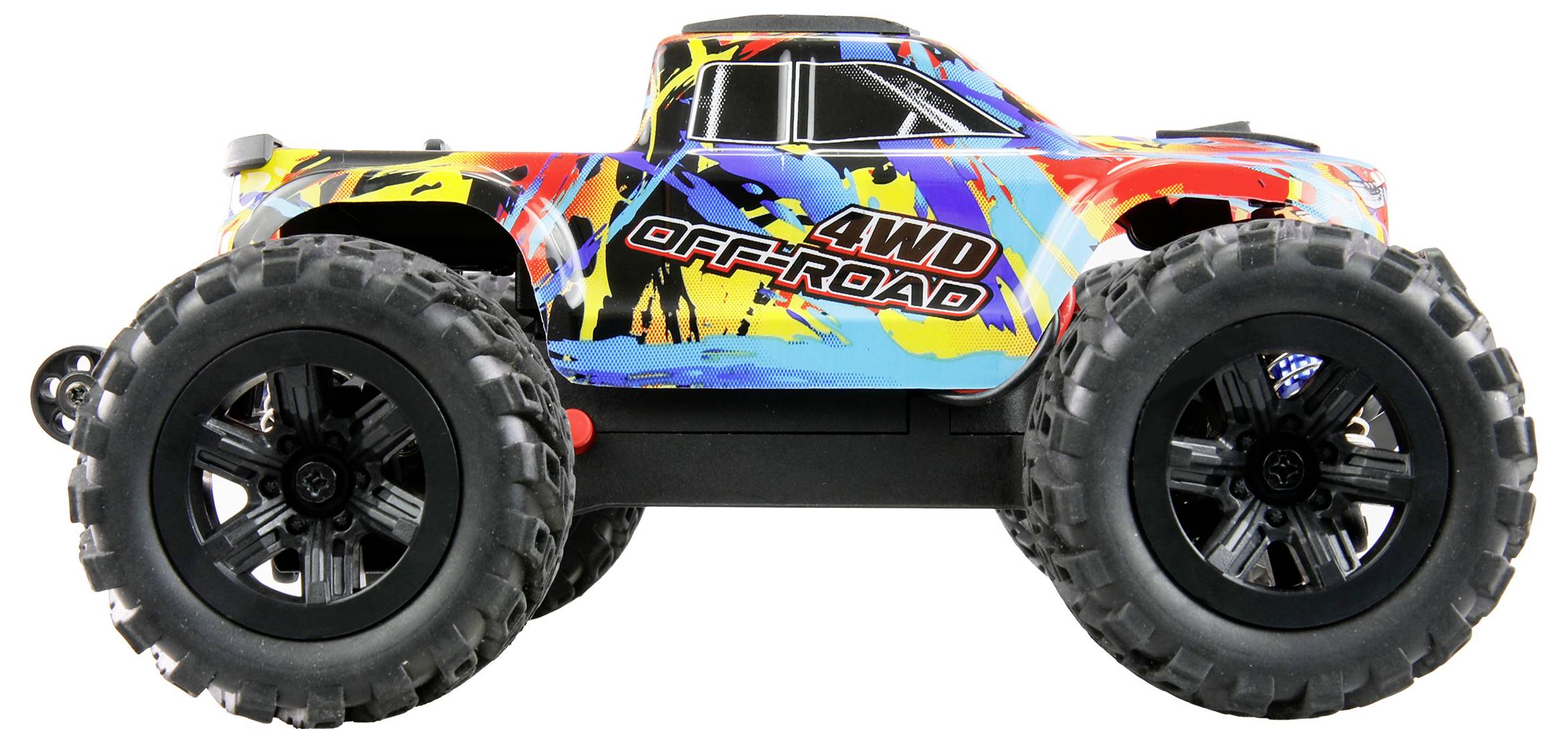 En fjärrstyrd 4WD-offroad-bil med färgglatt design och stora däck, lämplig för svårframkomlig terräng.