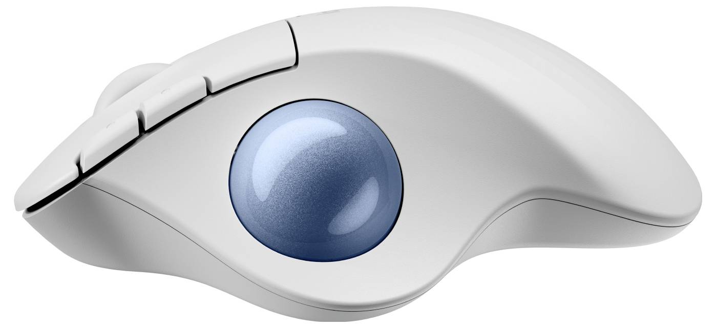 Vit ergonomisk trackball-mus med blå kula, sedd från sidan.