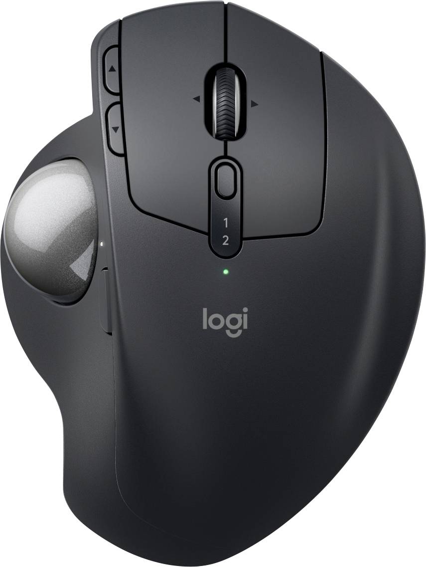 Svart ergonomisk mus med trackball till vänster, flera knappar, inklusive en för modusväxling, och ett scrollhjul i mitten.
