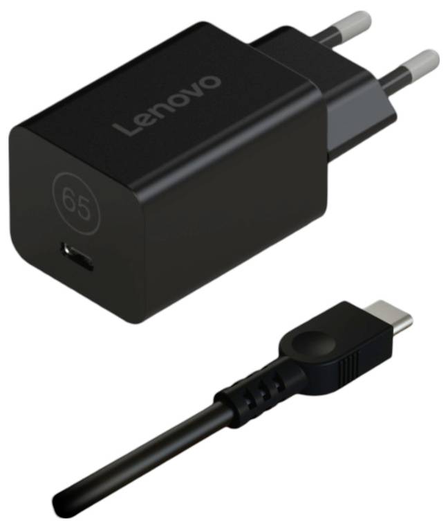 Svart Lenovo-laddare med EU-kontakt och USB-C-port, liggande på en vit yta.