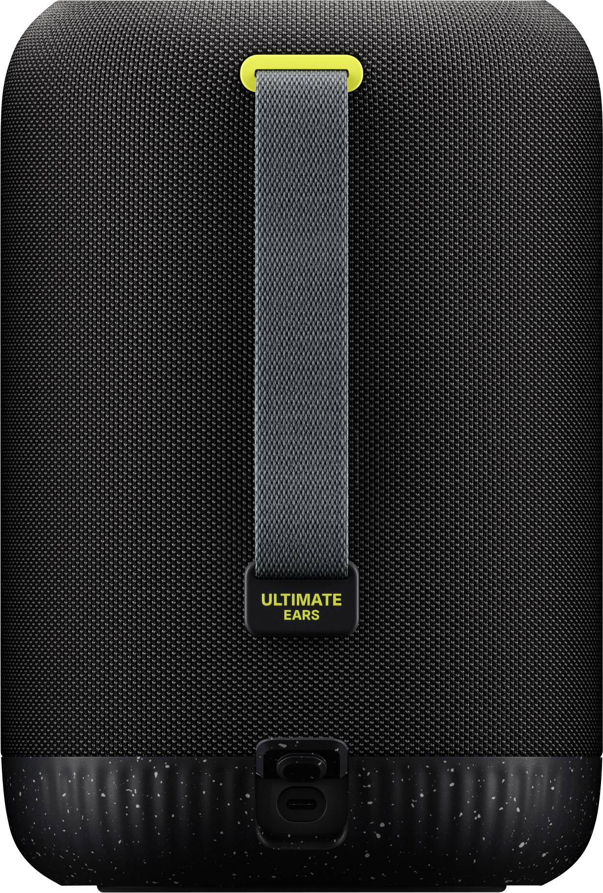 En bärbar, svart Bluetooth-högtalare med gult handtag och texten 'Ultimate Ears'.