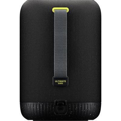 En bärbar, svart Bluetooth-högtalare med gult handtag och texten 'Ultimate Ears'.
