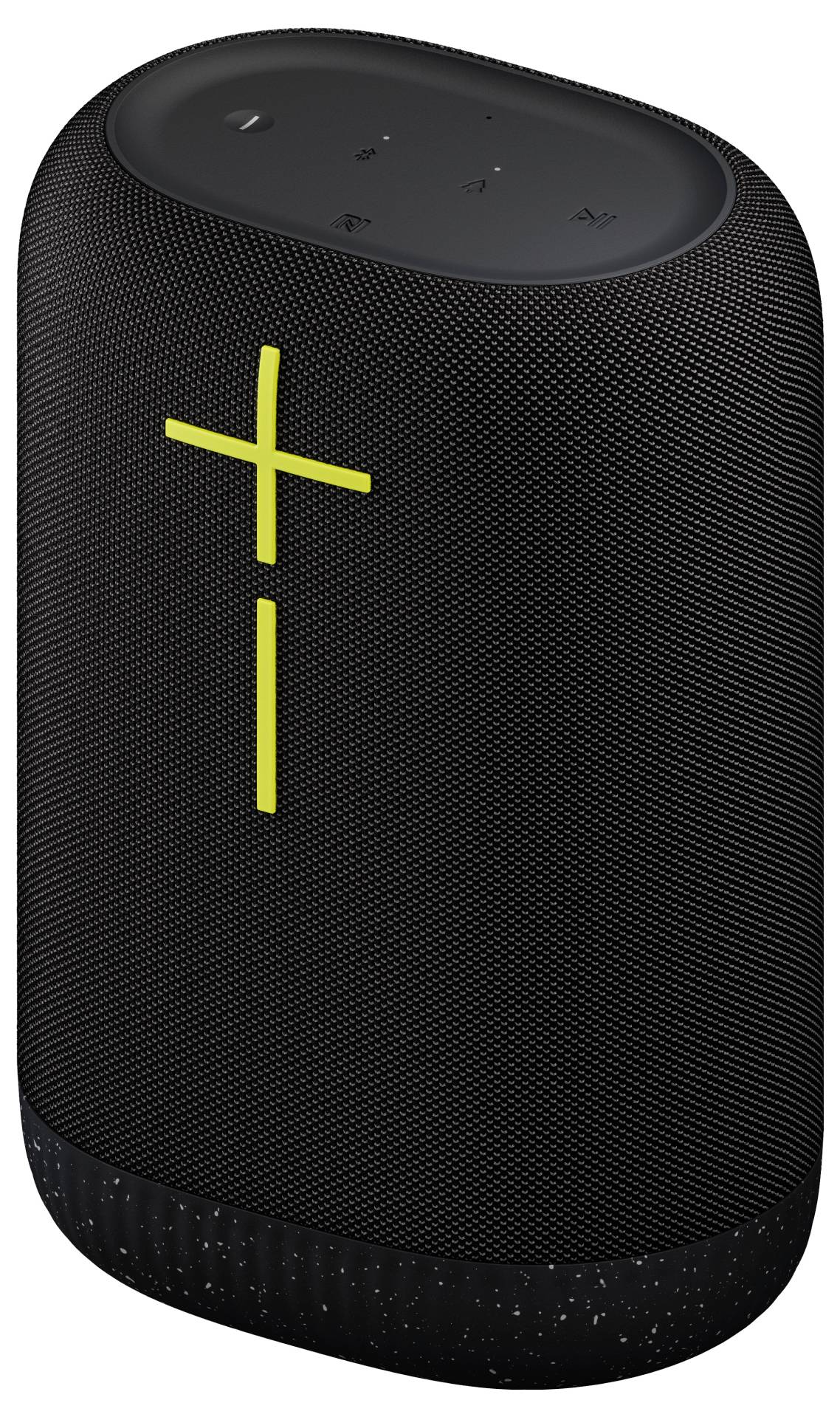 En svart Bluetooth-högtalare med framhävt gult plus-minus-symbol på framsidan, minimalistiska reglage ovanpå.