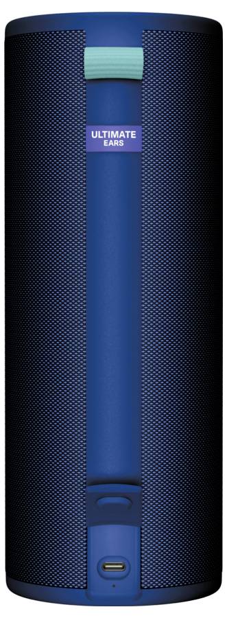 En blå bärbar högtalare med en 'Ultimate Ears' logotyp på framsidan. Överst finns ett grönt handtag.