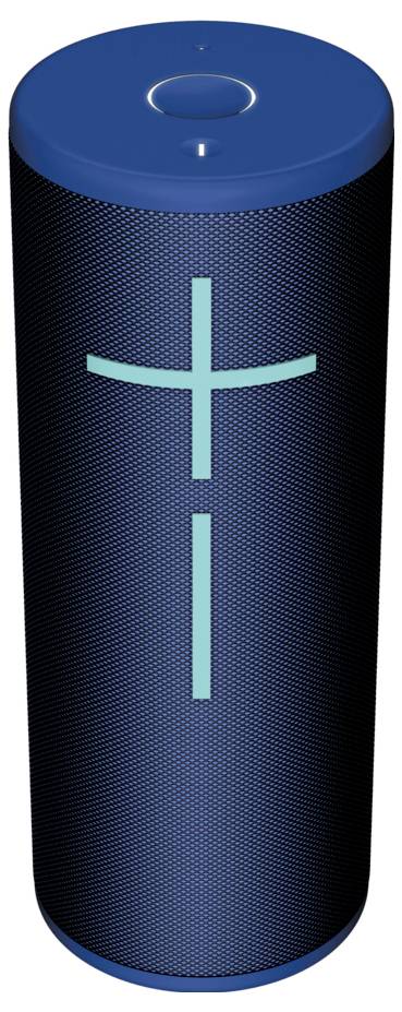 Högtalare i cylindrisk form, med blått hölje och ett lysande blått plus-symbol vertikalt placerat på den.