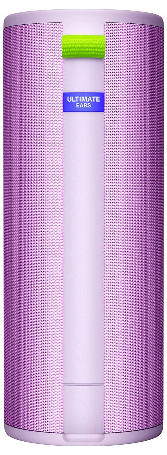En rosa bärbar högtalare med gröna och blå accenter. Märkning 'Ultimate Ears' överst på framsidan.
