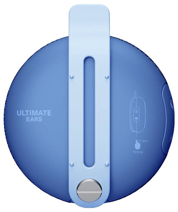 Blå bärbar högtalare från Ultimate Ears, med gummerad bärhandtag. Sidvy visar volymknappar och partyläge.