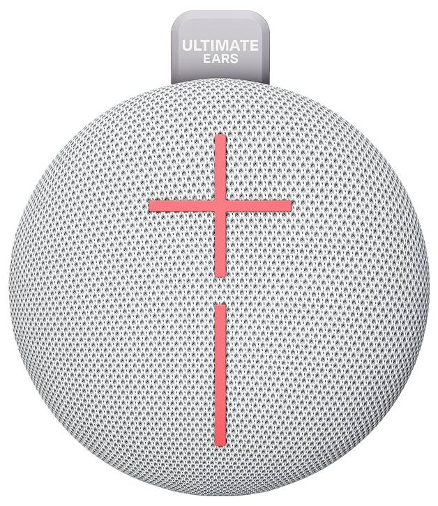 Runder trådlös högtalare med grått hölje, med röda plus- och minustecken för volymreglering på framsidan.