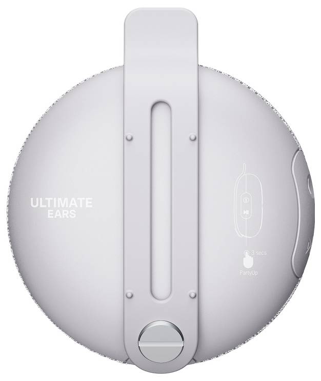 Rund, grå bärbar högtalare märkt 'ULTIMATE EARS' med en slinga för transport.