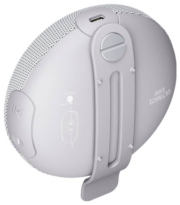 En bärbar, grå högtalare med fäste och USB-C-anslutning på baksidan, lämplig för utomhusaktiviteter.