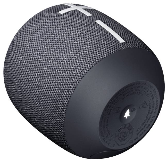 En bärbar, svart Bluetooth-högtalare med grått tygöverdrag och vita volymikoner på ovansidan.