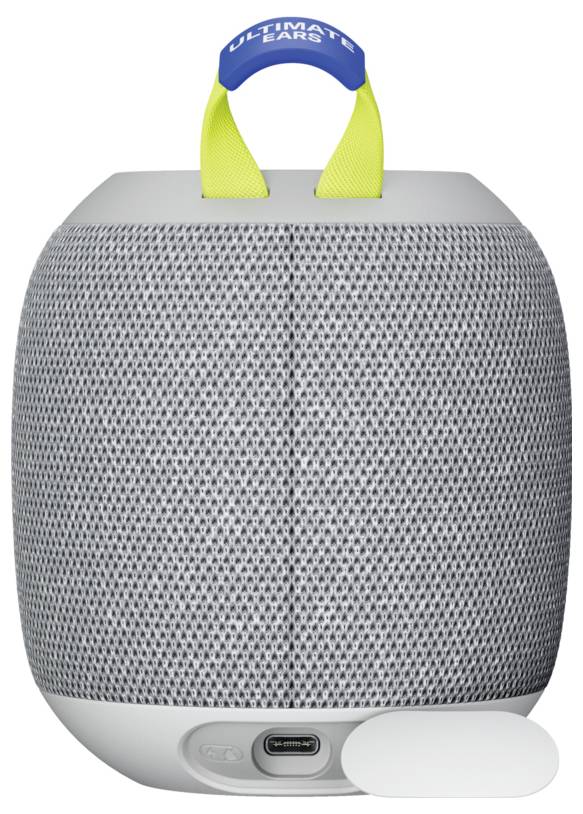 Grå bärbar högtalare med gult handtag och blått 'Ultimate Ears'-band, visar en rund form med gallermönster.