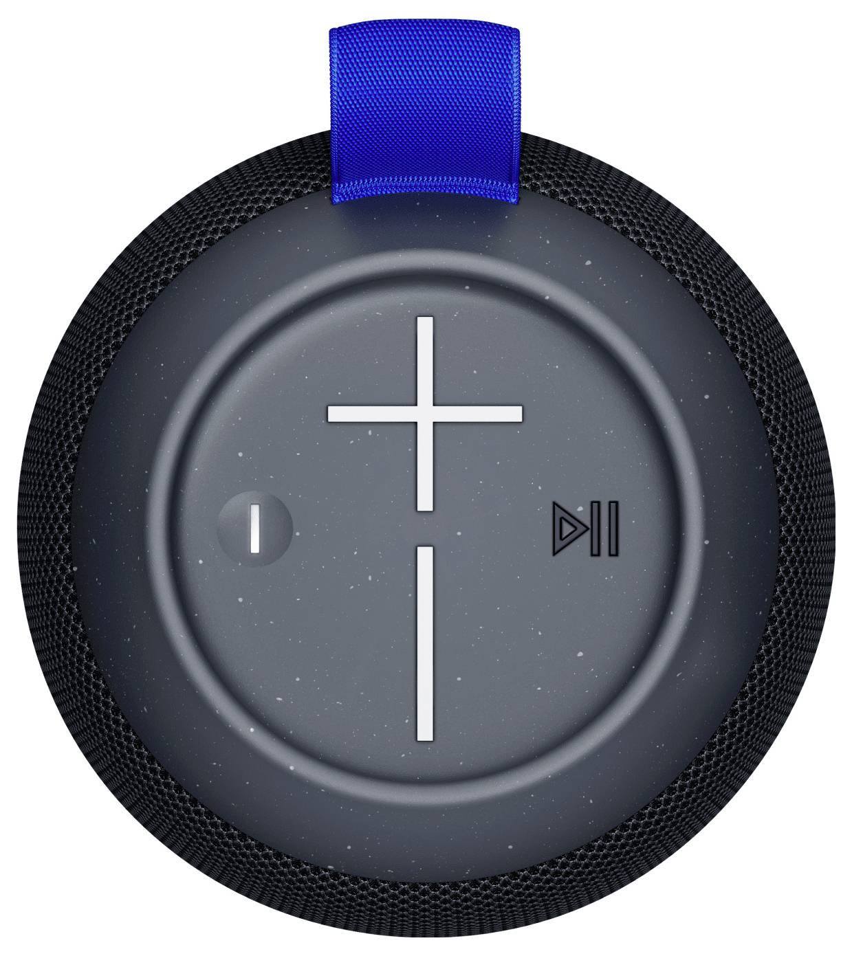 Bärbar högtalare med stora volymknappar i plus- och minusform. Ett blått tyghandtag ovanpå och en Play/Pause-symbol till höger.