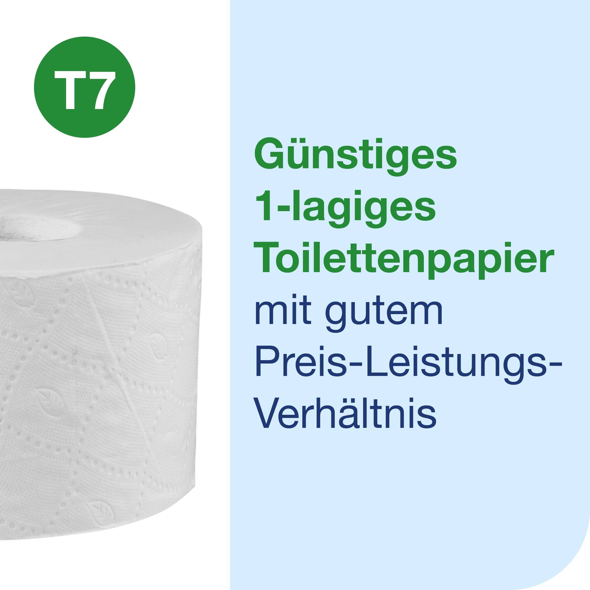 En rulle toalettpapper. Text: 'Prisvärt 1-lagigt toalettpapper med bra pris-prestanda-förhållande'.