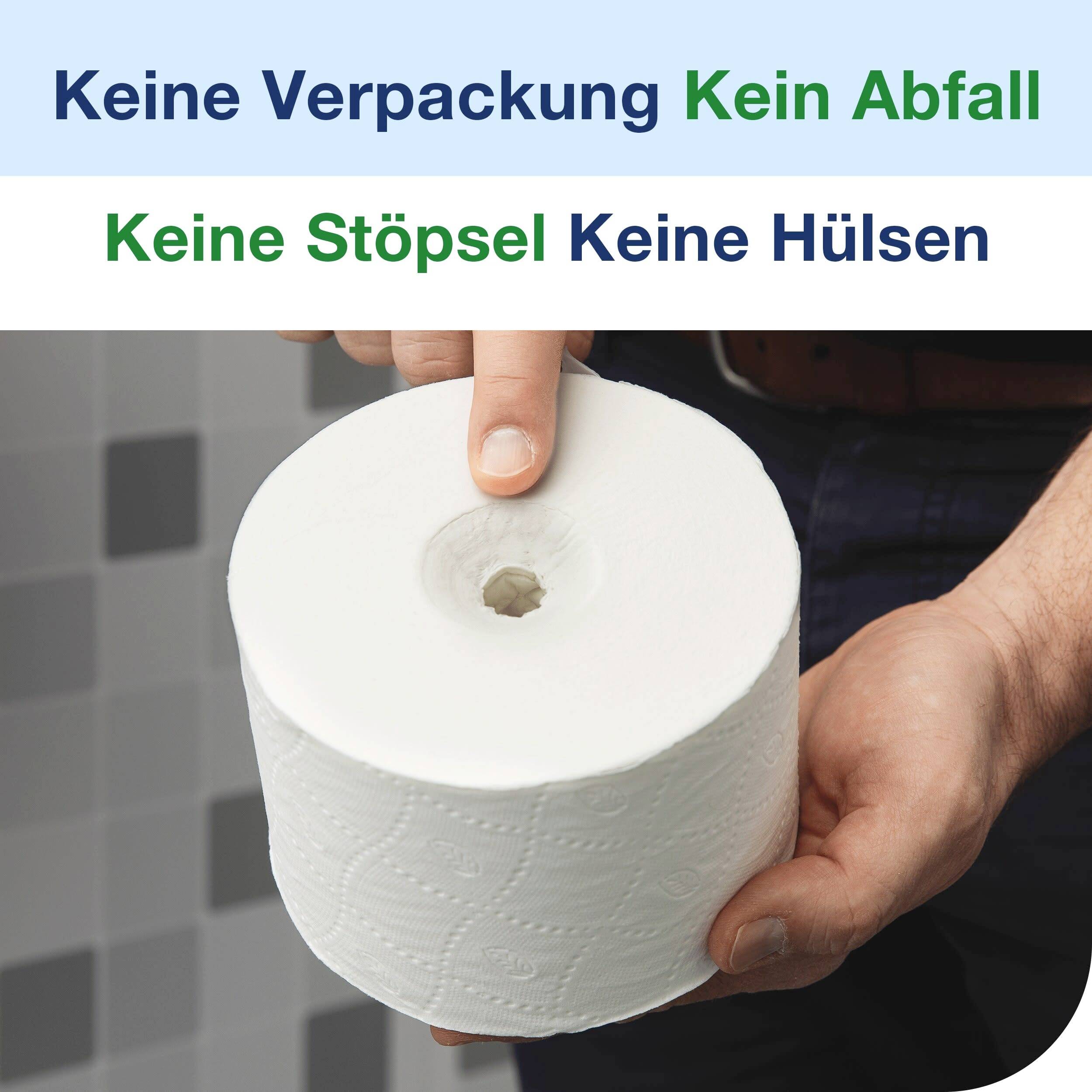 Hand håller toalettpappersrulle utan förpackning, propp eller hylsa. Text överst: Ingen förpackning, Inget avfall, Inga proppar, Inga hylsor.