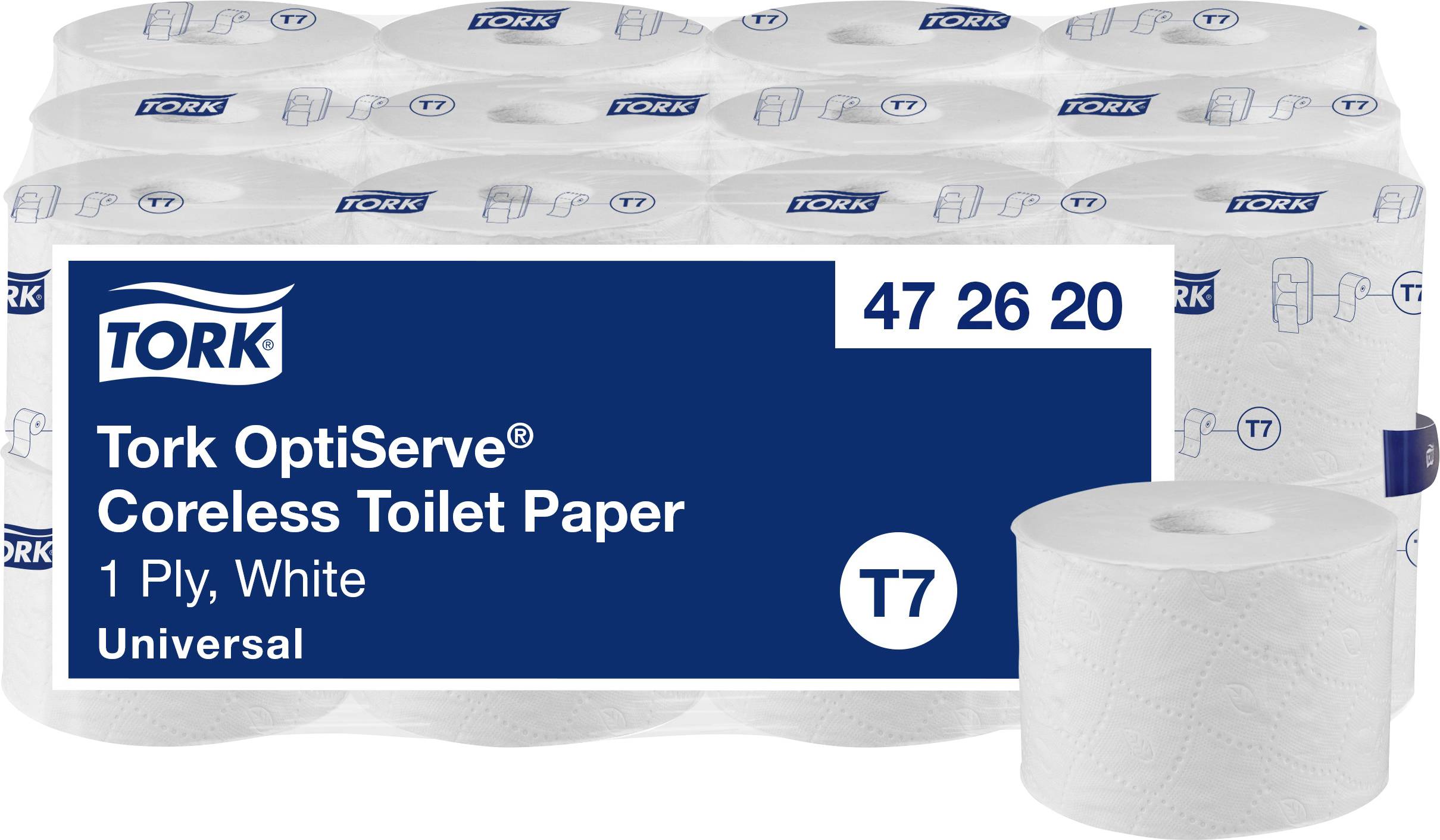 Förpackning Tork OptiServe® Kärnlös Toalettpapper, 1-lagers, vit, universal, Artikelnummer 47 26 20, på vit bakgrund.