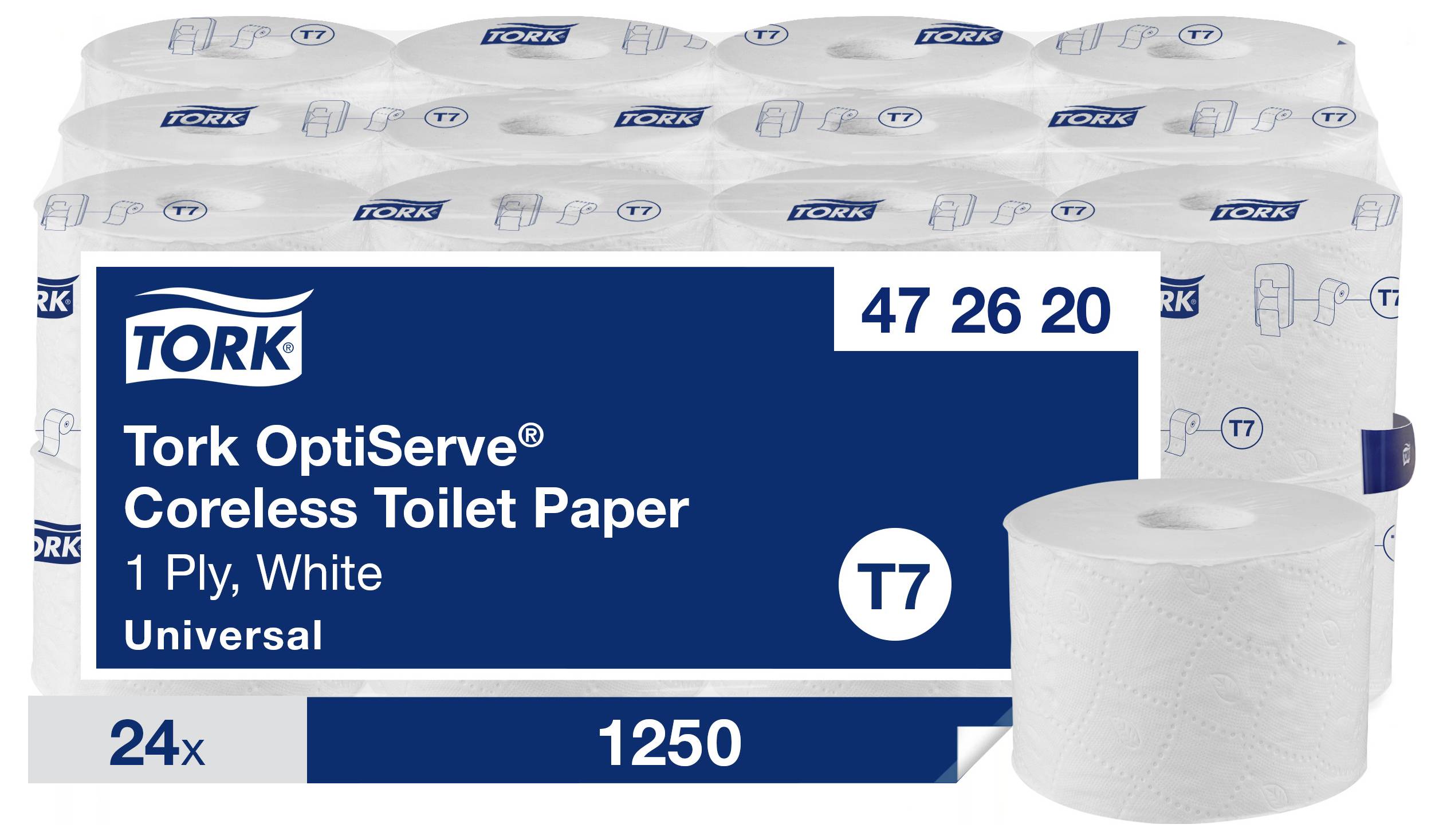 Förpackning med 24 Tork OptiServe T7 toalettpappersrullar utan hylsa, 1-lagers, vita. Produktnummer: 47 26 20, totalt 1250 ark.
