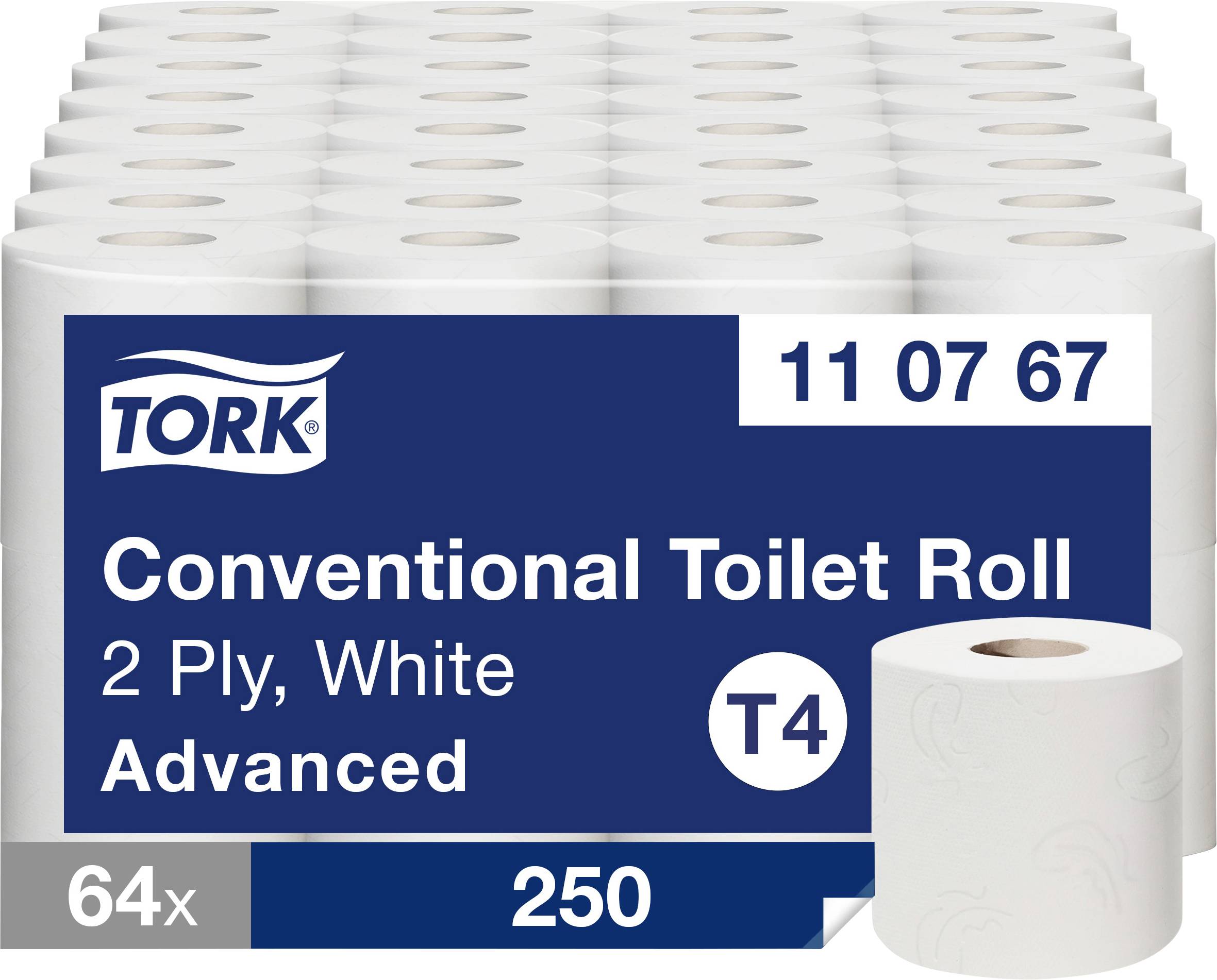 Förpackning med Tork konventionella toalettroller, 2-skiktig vit Advanced, 64 rullar med 250 blad, med produktkod 11 07 67.