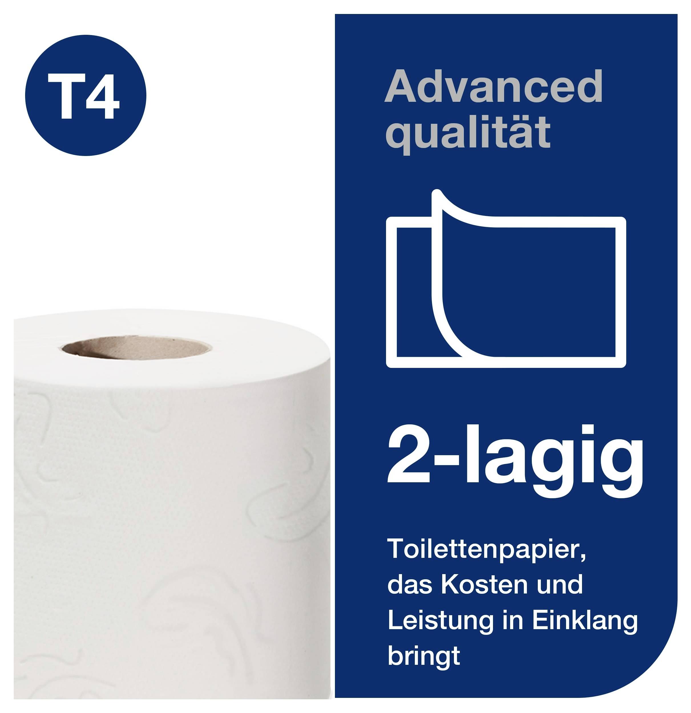 Toalettpapiersrulle med etikett 'T4', 'Advanced Quality' och '2-lager'; visar prisvärt, högpresterande toaletpapper.