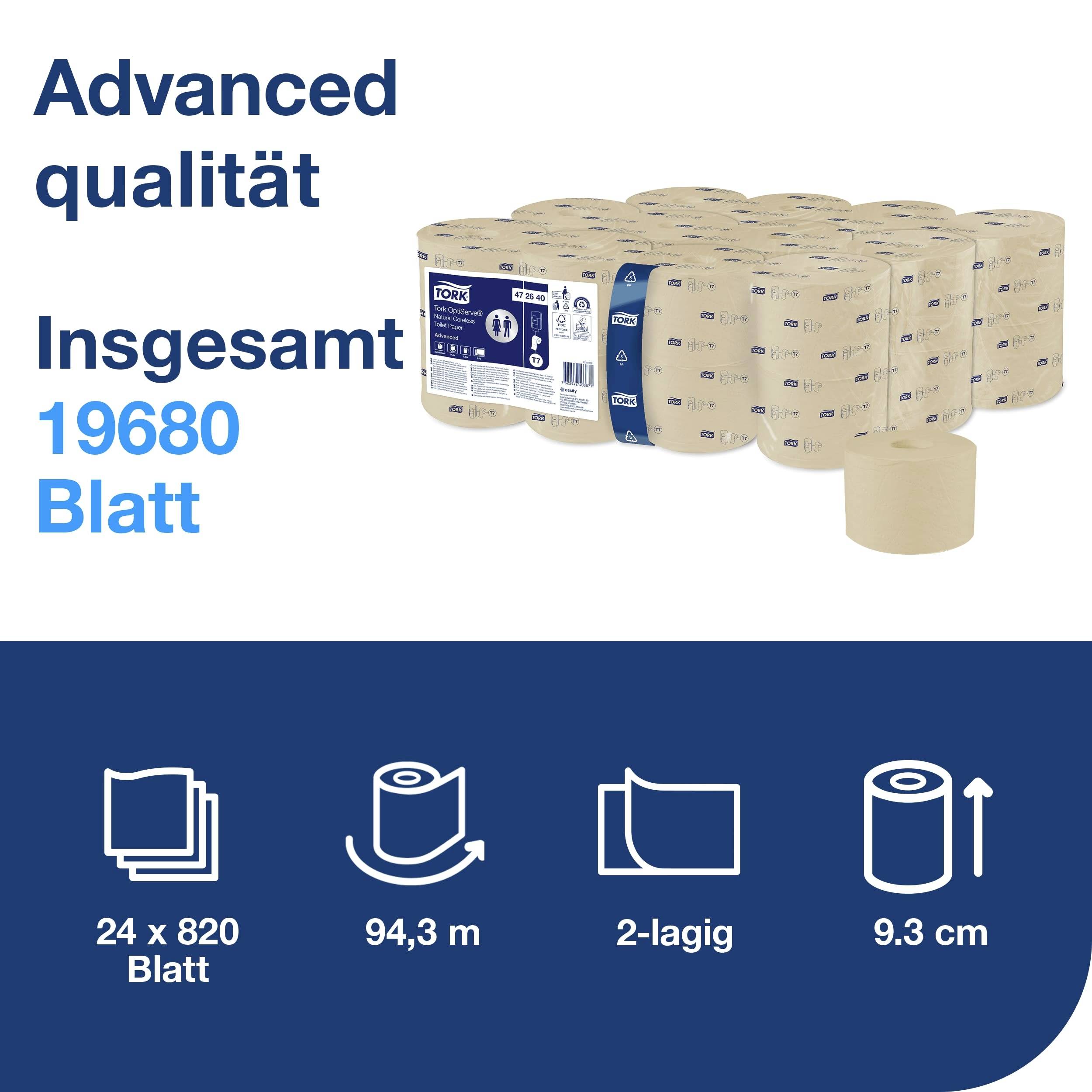 Toalettpappersförpackning med 24 rullar, 820 ark per rulle, totalt 19 680 ark. 2-skiktat, 9,3 cm brett, 94,3 m per rulle.