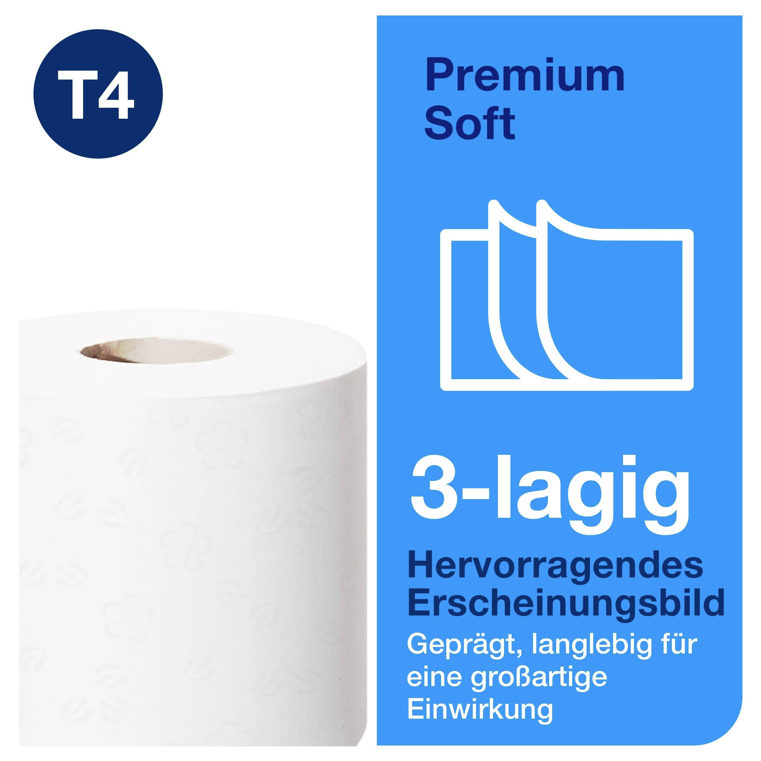 En rulle trelagigt toalettpapper, blå etikett med 'Premium Soft', '3-lagig' och 'Utmärkt utseende'.