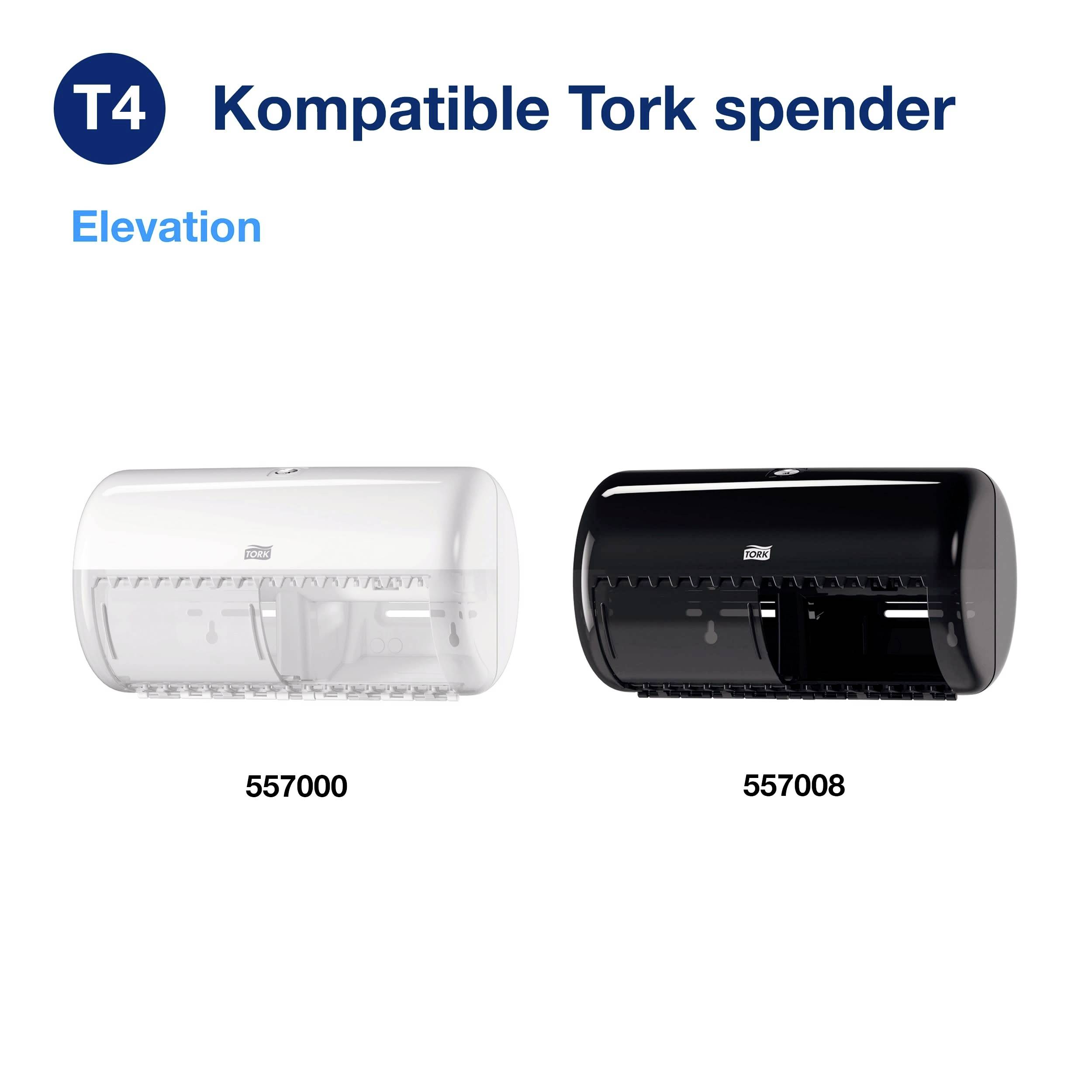 Två Tork-dispensrar, en vit (557000), den andra svart (557008), bredvid varandra, med texten 'Kompatibla Tork-dispensrar - Elevation'.