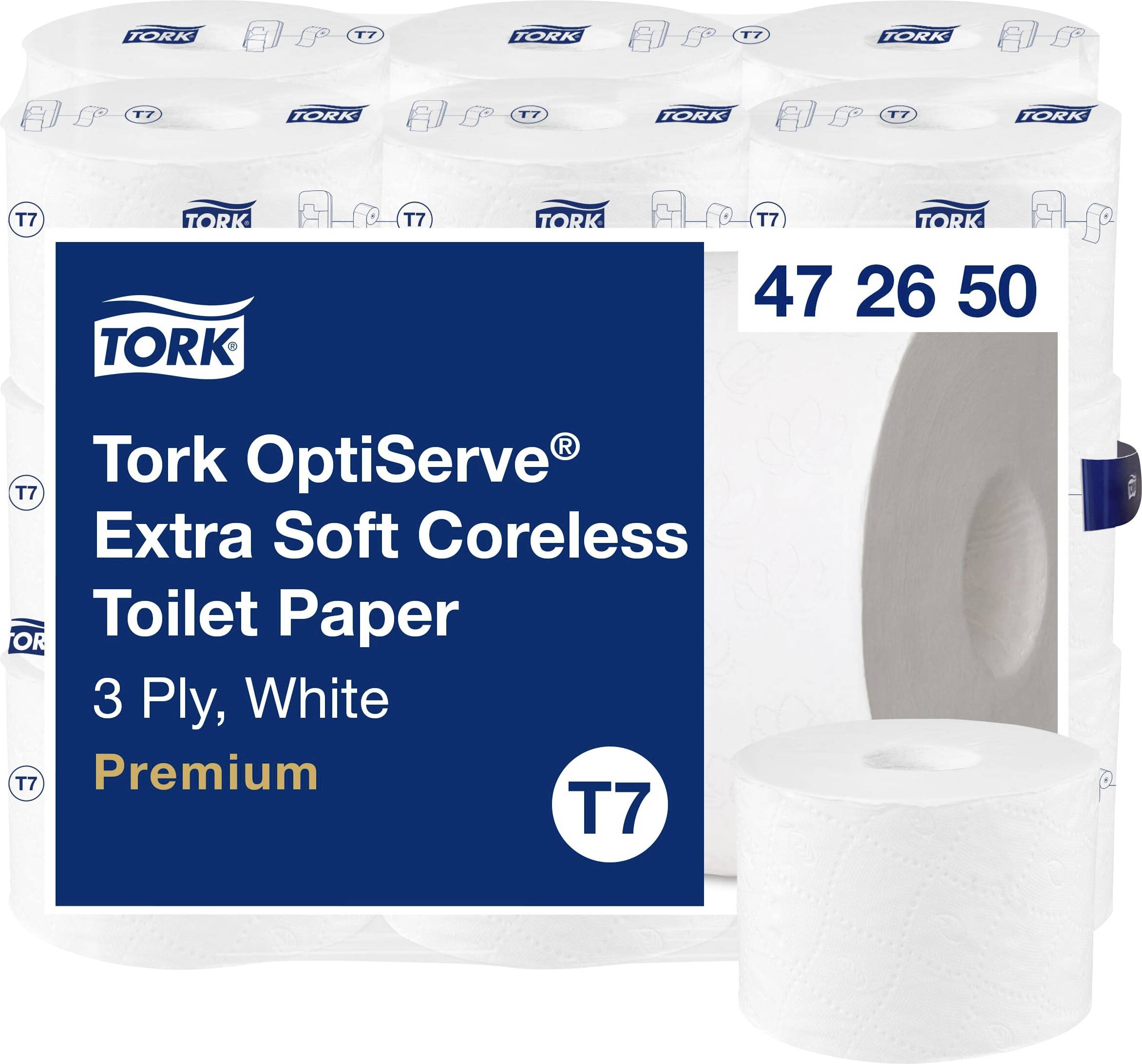 'Toalettpapper Tork OptiServe, extra mjukt, kärnlöst, 3-lagers, vitt, Premium.' Förpackning visar rulle och produktdetaljer.