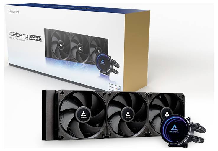 Kylsystem 'Deeptec Iceberg Dark' i förpackning. Tre fläktar och pumpenheten med Deeptec-logotyp synlig.