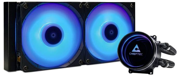 Två blå LED-fläktar och en rund vätskekylningsenhet med 'CHIEFTEC'-logotyp, lämplig för PC-kylning.