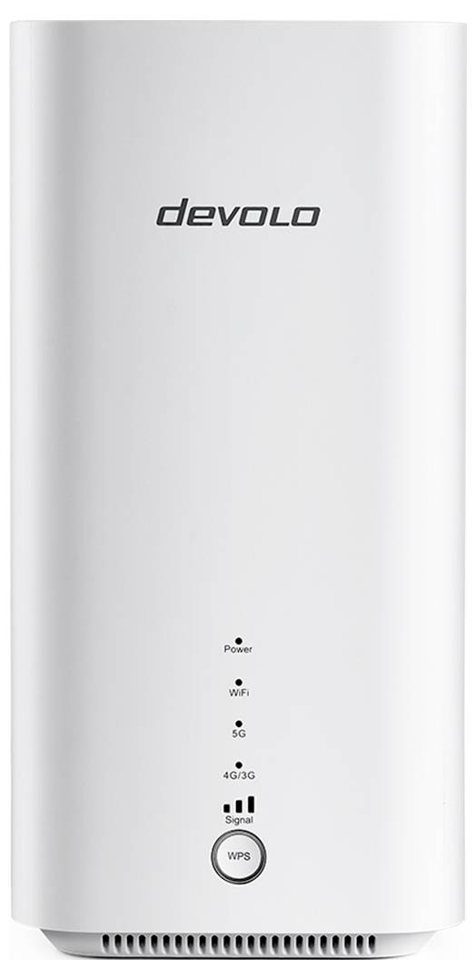 En vit Devolo WiFi-repeater med knappar och lysande indikatorer för Ström, WiFi, 2,4G, 5G och WPS.