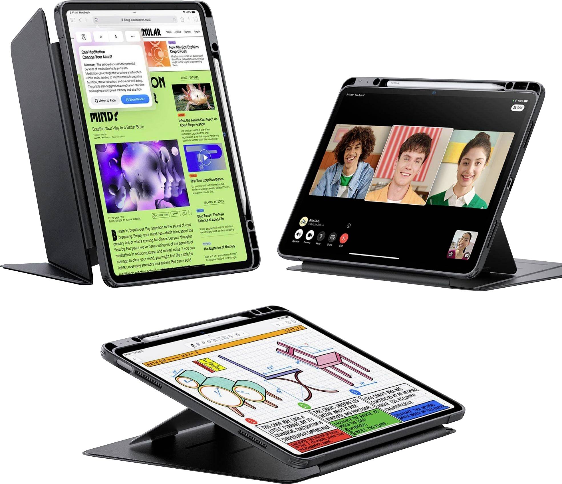 Tre surfplattor i olika vyer: en visar en webbsida, den andra ett videosamtal med fyra personer, den tredje en skiss.