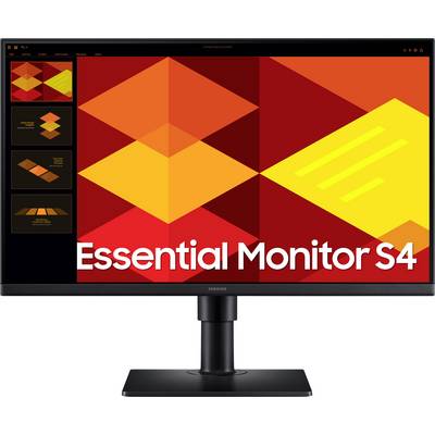 En datorskärm visar texten 'Essential Monitor S4' framför en bakgrund av röda och gula geometriska former.