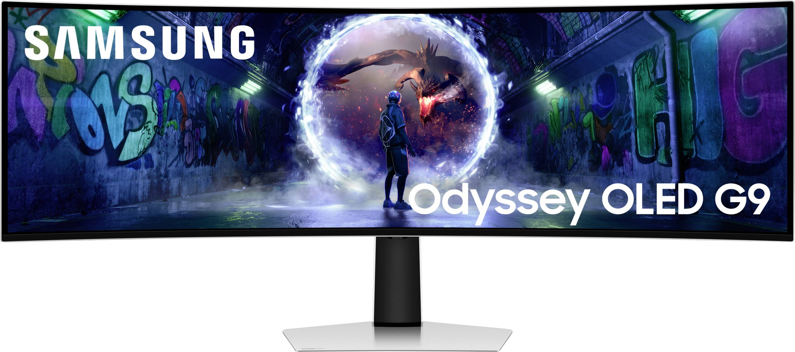 En böjd skärm med texten 'Samsung Odyssey OLED G9' visar en figur framför en magisk portal med en drake.