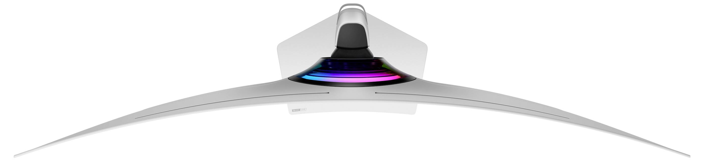 En böjd, ultrawide-datorskärm sedd uppifrån, med en lysande, färgskiftande ljuseffekt på baksidan.