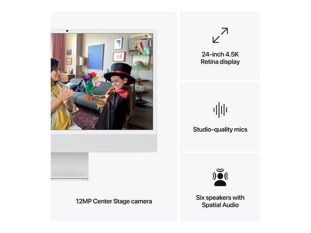 24-tums 4,5K Retina-display, 12 MP Center Stage-kamera, studiokvalitetsmikrofoner, sex högtalare med Spatial Audio. Ett barn med hatt och cape visas på skärmen.