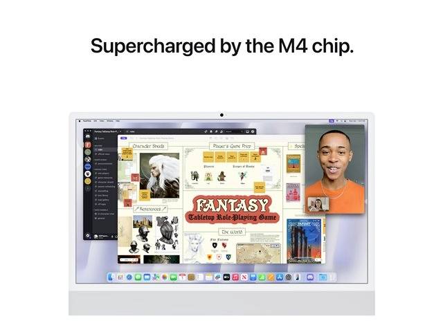 En laptopskärm visar ett öppet fantasy-rollspel med ett videosamtal. Överst står det 'Supercharged by the M4 chip'.