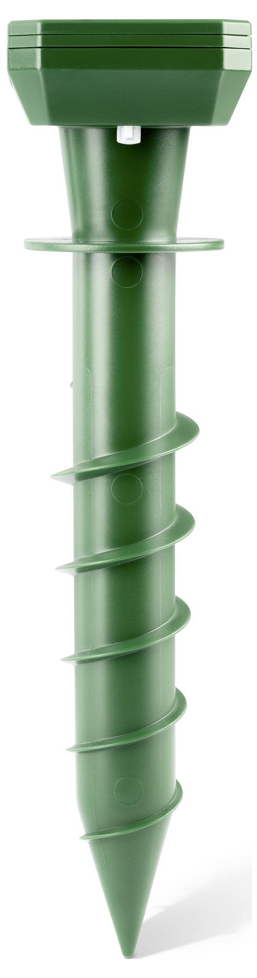 En grön, spiralformad plastpåle med plan ovansida, sannolikt avsedd för trädgårds- eller byggnadsändamål.