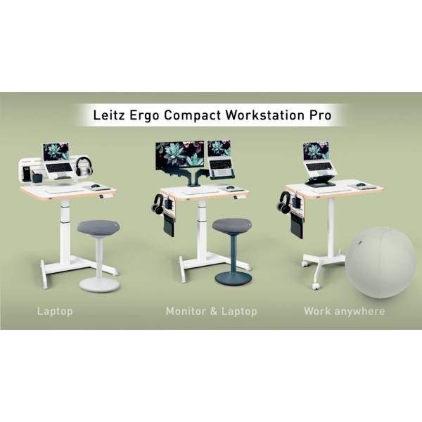 Tre olika arbetsplatsuppställningar: en laptop, skärm och laptop, samt en arbetsplats för flexibelt arbete med ergonomisk pall.