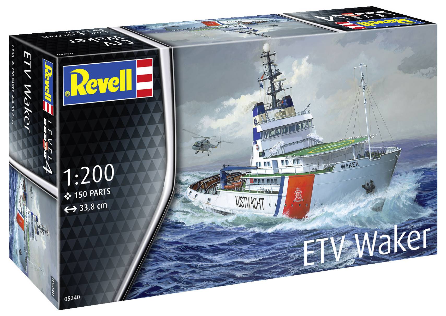Revell modellbyggsats ETV Waker: Skala 1:200, 150 delar, lådan visar räddningsfartyg till sjöss i stormigt väder med helikopter.