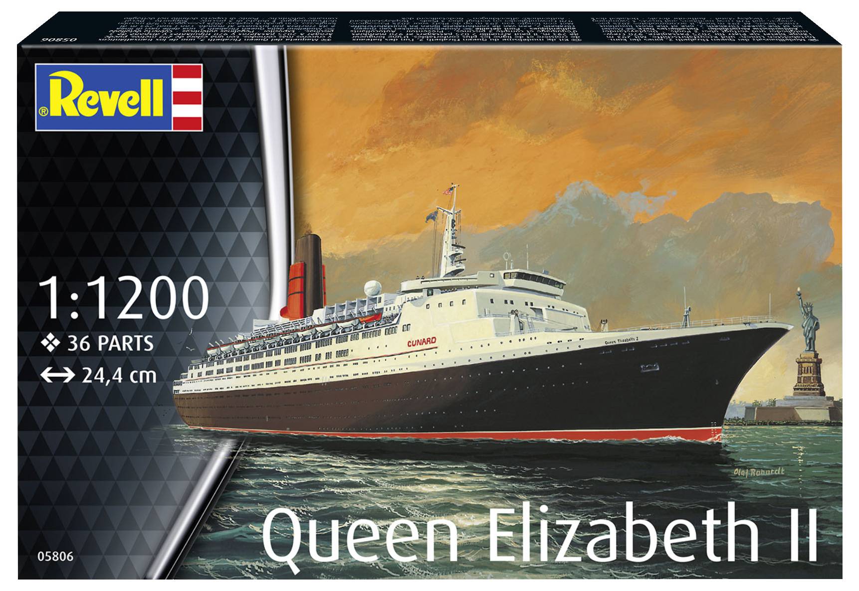 Byggsats av 'Queen Elizabeth II', skala 1:1200, innehåller 36 delar, färdig modell 24,4 cm lång. Förpackning med bild av oceanångaren.