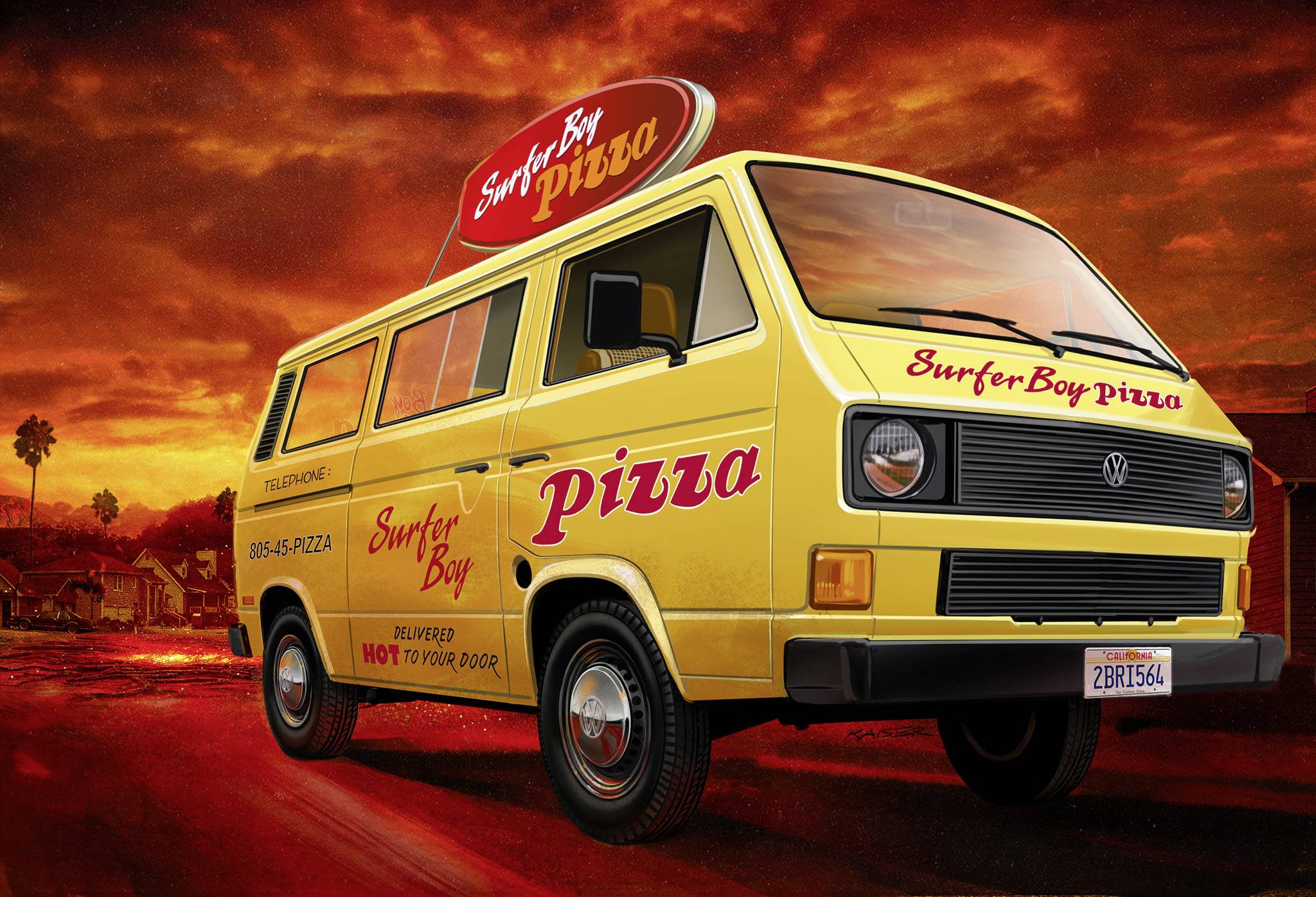 Gul skåpbil med röd text 'Surfer Boy Pizza' parkerad på en parkeringsplats vid solnedgången. Hus och palmträd i bakgrunden.