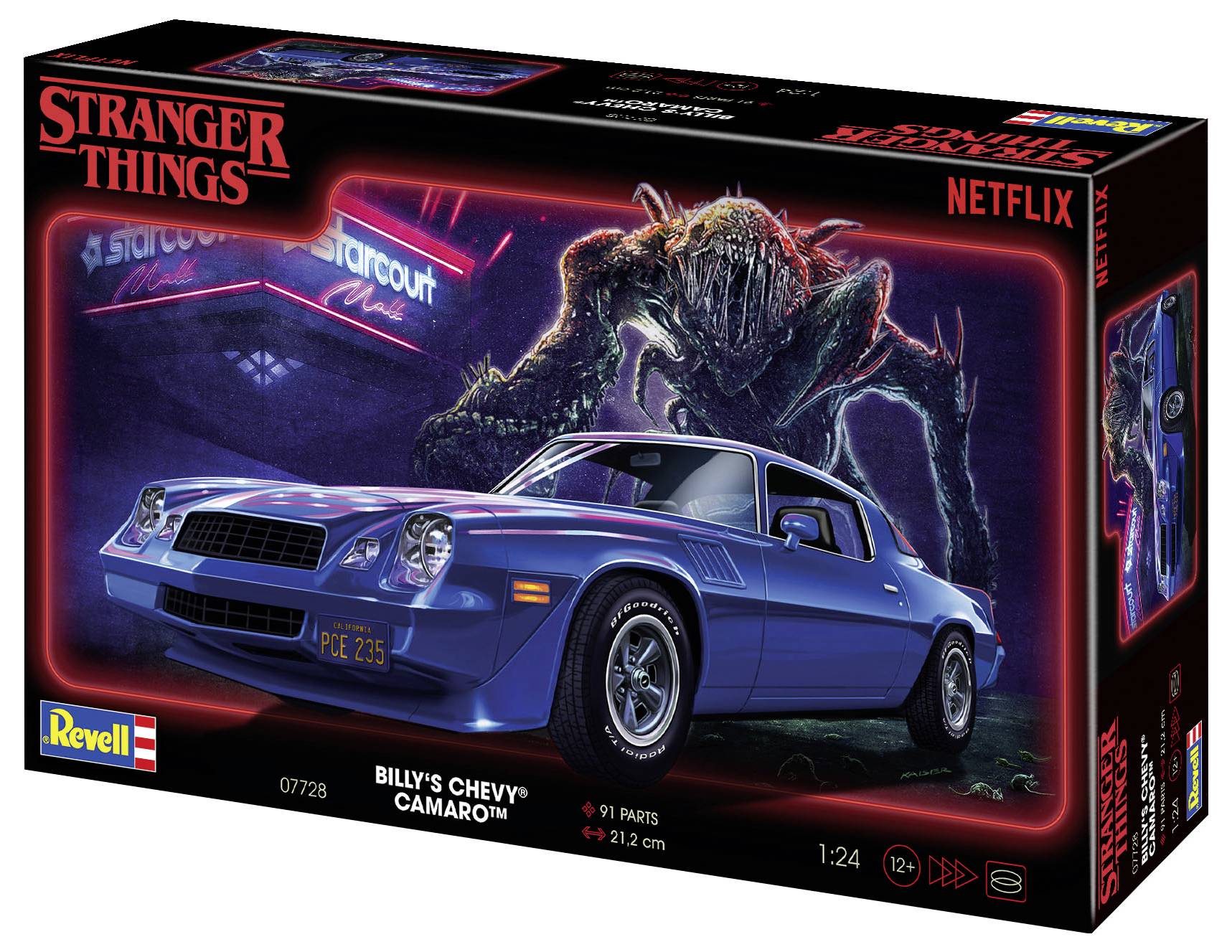 Byggsatsförpackningen visar 'Billy's Chevy Camaro' från Stranger Things. Bakgrund: Detalj av Starcourt Mall med en varelse.
