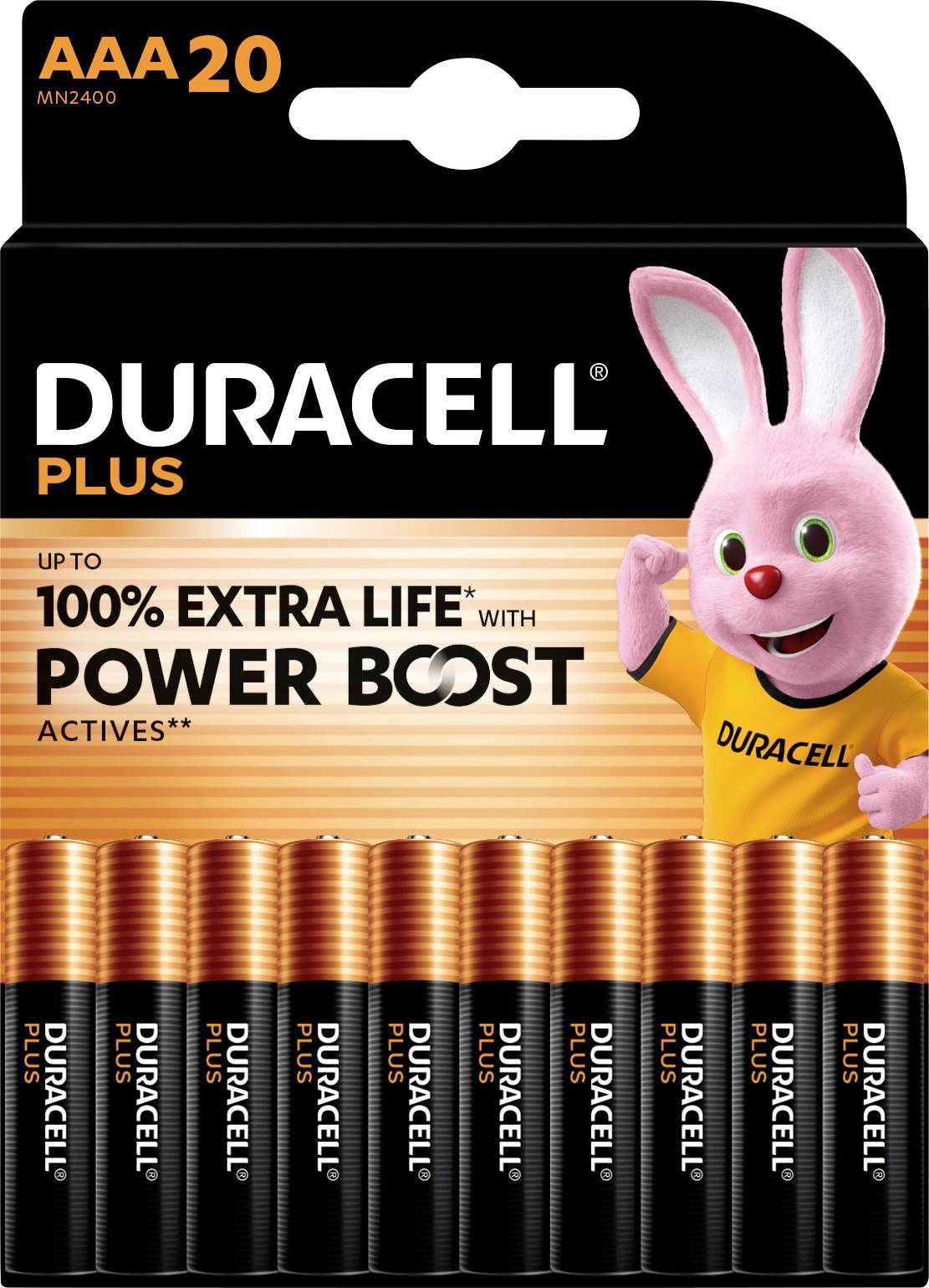 En förpackning med 20 AAA Duracell Plus-batterier, marknadsförd med en rosa Duracell-kanin och texten 'upp till 100% extra livslängd'.
