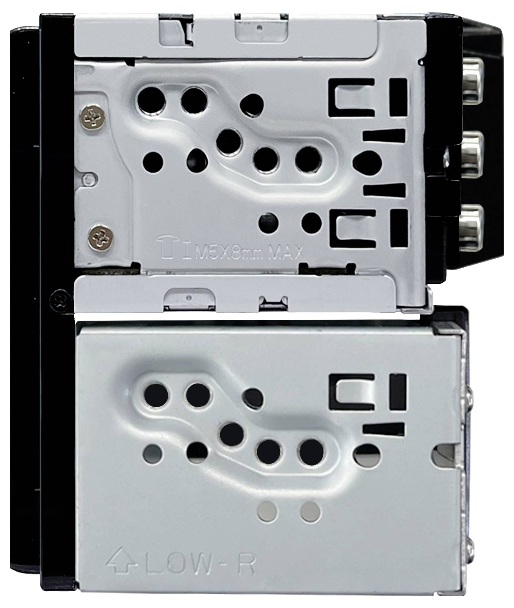 Metalliska elektroniska komponenter med flera anslutningar och perforerat hölje för väggmontering.