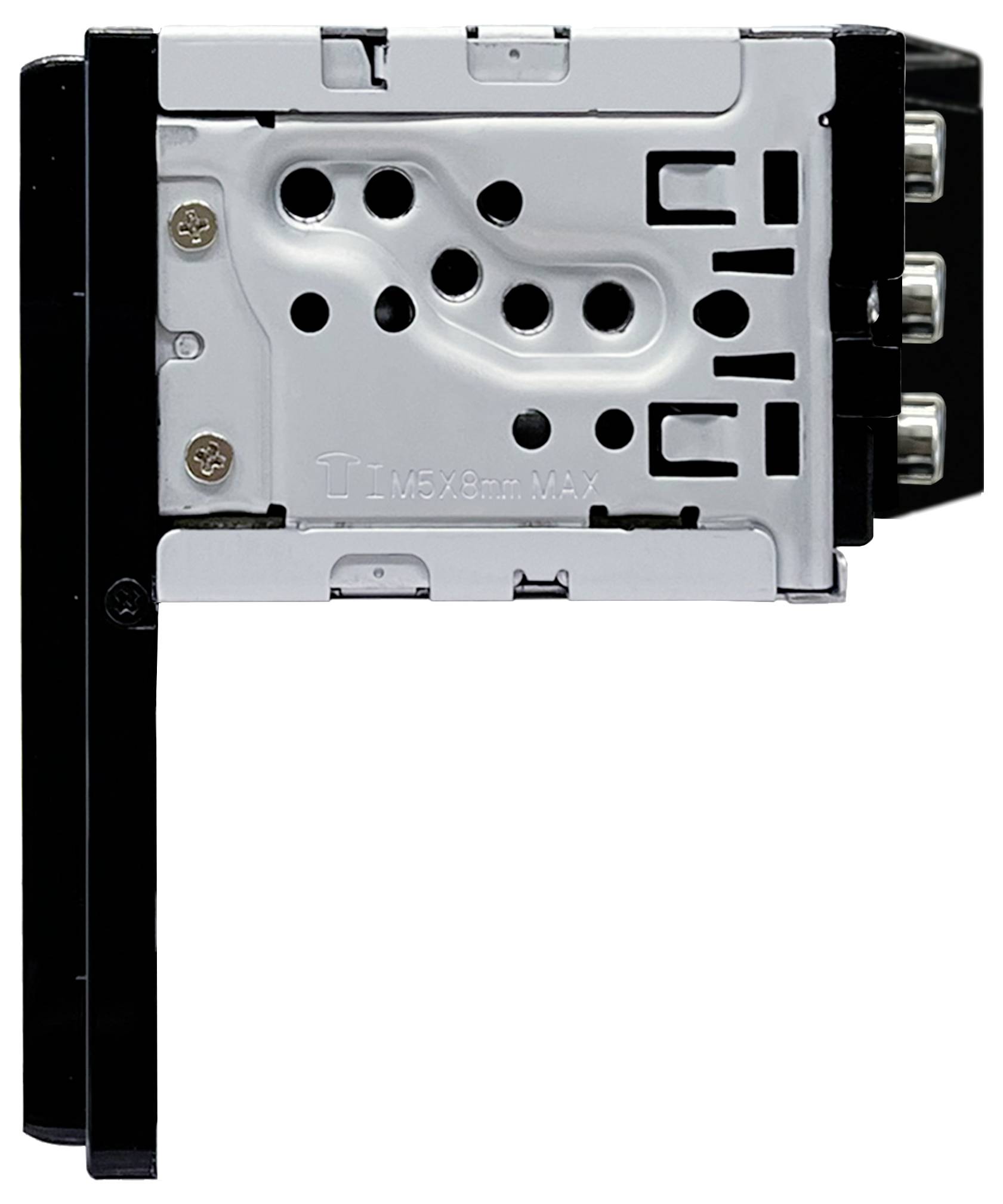 Radio- eller multimediaenhet med fäste, sedd från sidan. Metallram med ventilationsöppningar och skruvpunkter synliga.