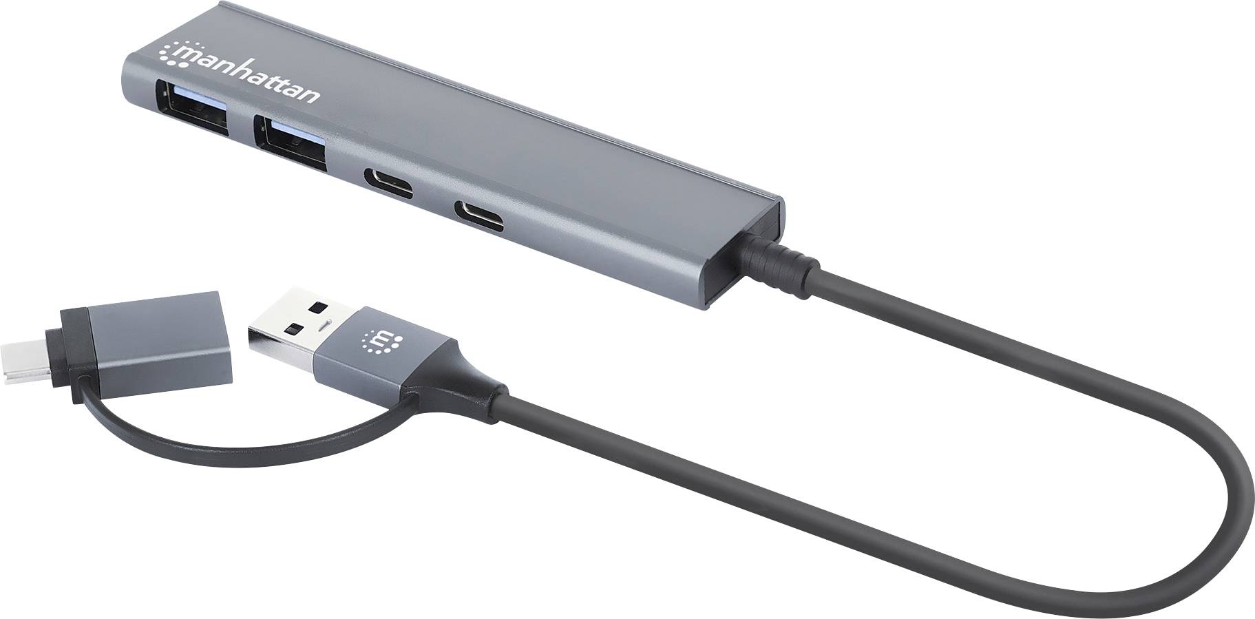 En USB-hubb från 'Manhattan' med flera anslutningar, däribland USB och HDMI, ansluten med ett USB-kabel med en USB-kontakt.