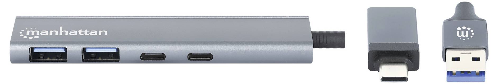 En USB-hubb med två USB-portar och två USB-C-portar, bredvid en USB-adapter med USB-C och USB-port.