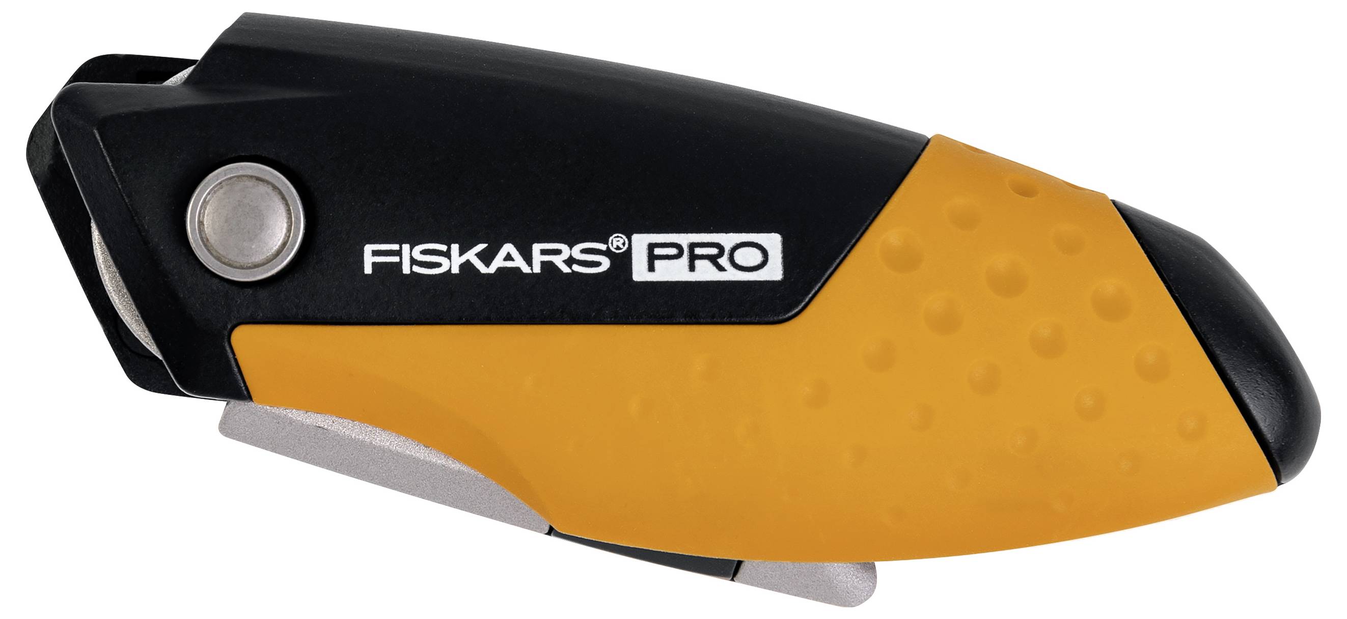 Ett säkerhetsknivsverktyg med gult och svart handtag från märket 'Fiskars Pro' med utfällbart blad, lämpligt för förpackningshantering.